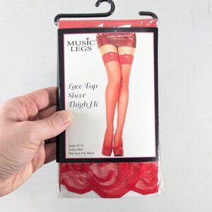 MUSIC LEGS Red Sheer Stay-up stockings with Lace Top Band